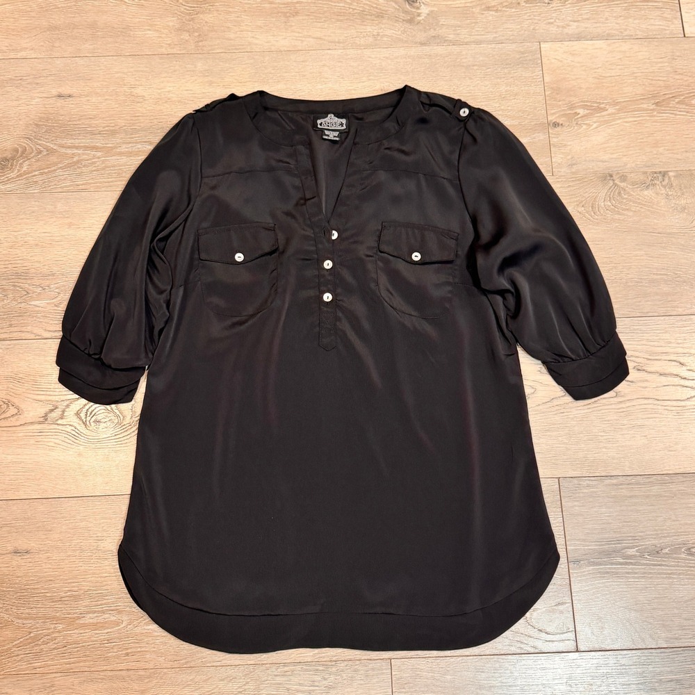 ANGIE Black Button Front Pocket Tunic Top 3/4 Sleeve Medium M - Picture 1 of 5